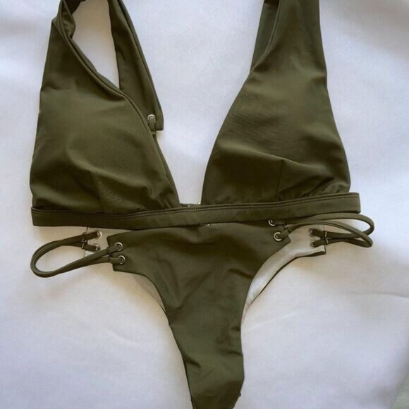 Olive Green Triangle Ribbed Bikini Top Two Piece Swimsuit Medium - Picture 7 of 7